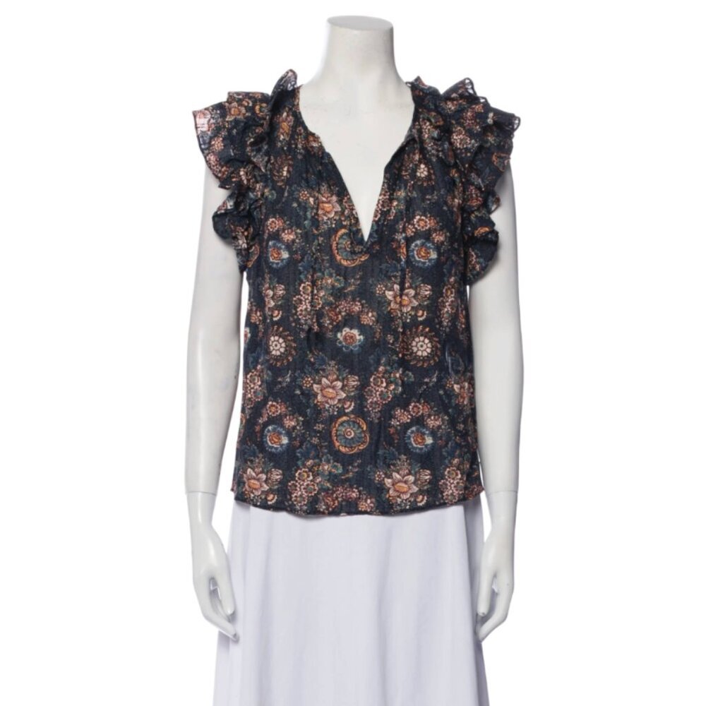 Ulla Johnson Elisa Top Shirt Blouse Womens 10 Navy Blue Flutter Sleeve Floral - Picture 4 of 12